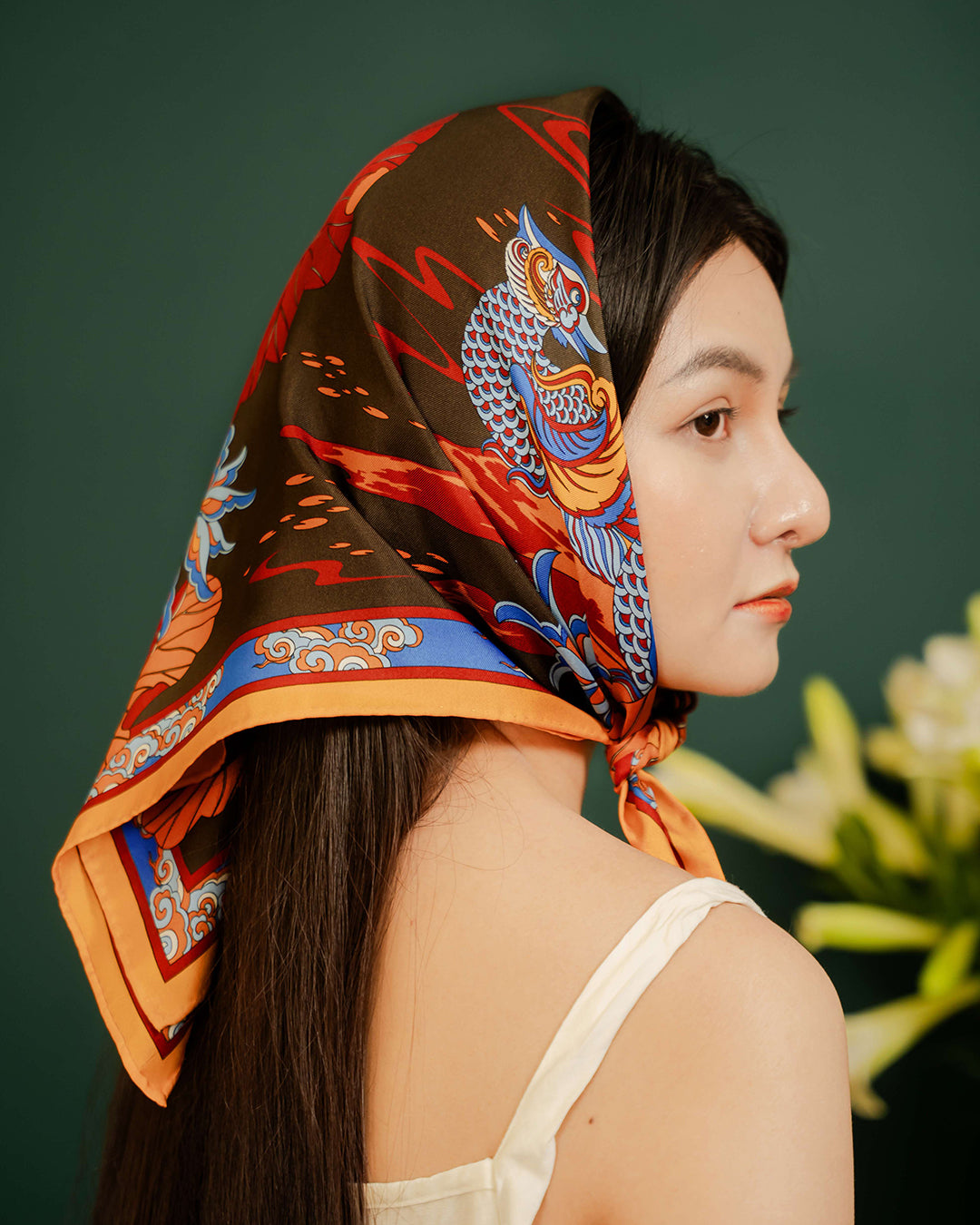 Khăn Lụa Uyên Ương Liên Hạ / Nâu & Da Cam / 65x65cm / 26x26in