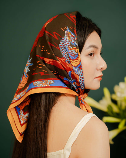 Khăn Lụa Uyên Ương Liên Hạ / Nâu & Da Cam / 65x65cm / 26x26in