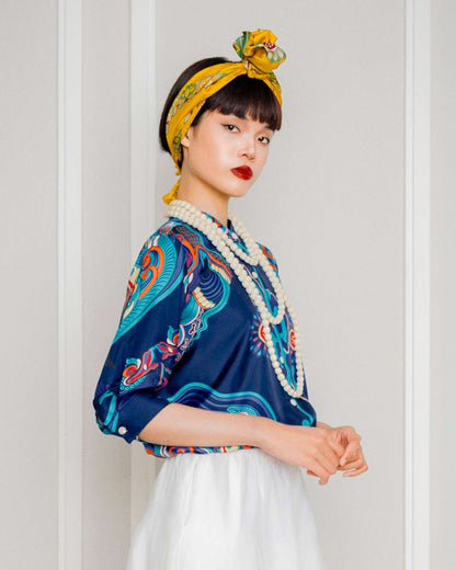 Áo Sơ Mi Lụa Giải Phóng 1925 / Họa tiết Hương Vân Long Mộng Xanh Navy