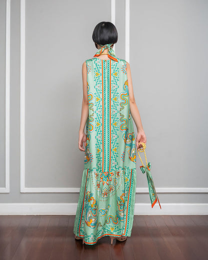 Đầm Max Boho Lụa 1970 Không Tay / Hoạ tiết Phụng Vũ Vân Ca Xanh Lá Nhạt