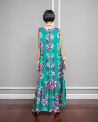 Đầm Max Boho Lụa 1970 Không Tay / Hoạ tiết Mây Hoạ Long Ân Xanh Ngọc