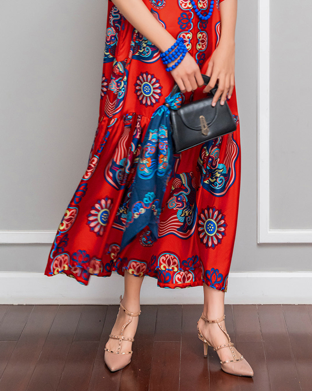 Đầm Max Boho Lụa 1970 / Hoạ tiết Mây Hoạ Long Ân Đỏ
