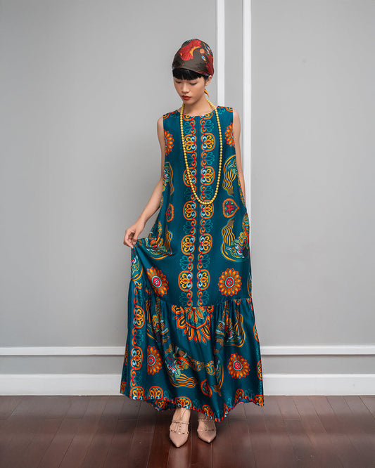 Đầm Max Boho Lụa 1970 Không Tay / Hoạ tiết Mây Hoạ Long Ân Xanh Cổ Vịt