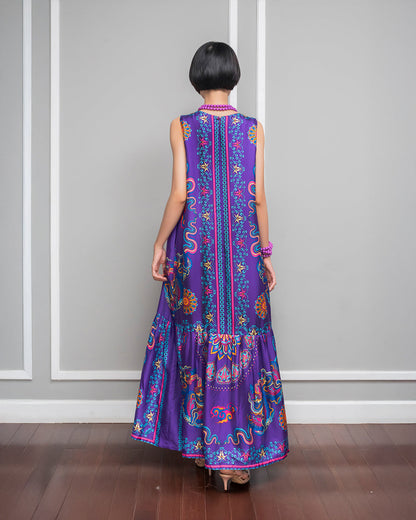 Đầm Max Boho Lụa 1970 Không Tay / Hoạ tiết Phụng Vũ Vân Ca Tím