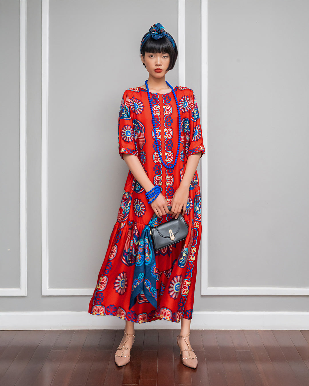 Đầm Max Boho Lụa 1970 / Hoạ tiết Mây Hoạ Long Ân Đỏ