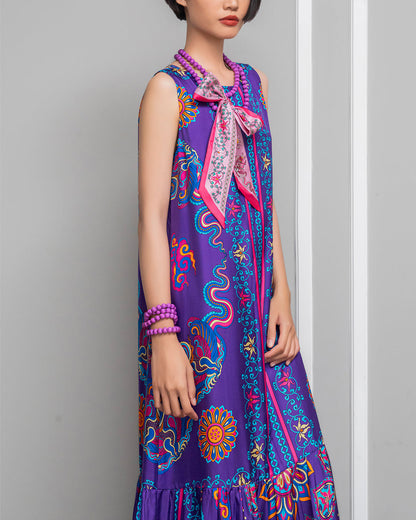 Đầm Max Boho Lụa 1970 Không Tay / Hoạ tiết Phụng Vũ Vân Ca Tím