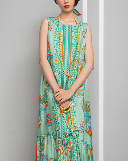 Đầm Max Boho Lụa 1970 Không Tay / Hoạ tiết Phụng Vũ Vân Ca Xanh Lá Nhạt
