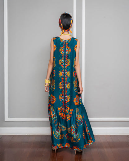 Đầm Max Boho Lụa 1970 Không Tay / Hoạ tiết Mây Hoạ Long Ân Xanh Cổ Vịt