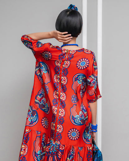 Đầm Max Boho Lụa 1970 / Hoạ tiết Mây Hoạ Long Ân Đỏ