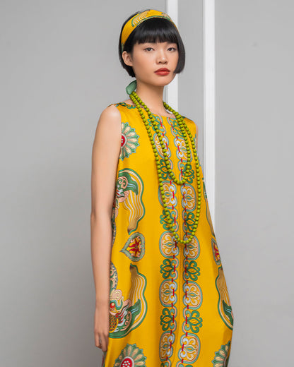 Đầm Max Boho Lụa 1970 Không Tay / Hoạ tiết Mây Hoạ Long Ân Vàng