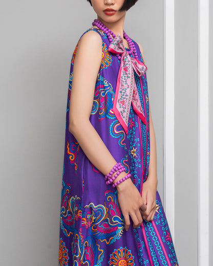 Đầm Max Boho Lụa 1970 Không Tay / Hoạ tiết Phụng Vũ Vân Ca Tím