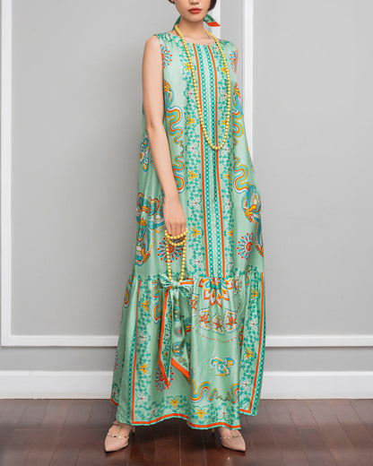 Đầm Max Boho Lụa 1970 Không Tay / Hoạ tiết Phụng Vũ Vân Ca Xanh Lá Nhạt