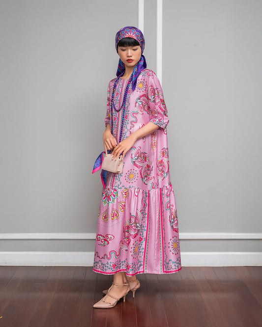 Đầm Max Boho Lụa 1970 / Hoạ tiết Phụng Vũ Vân Ca Hồng Phấn