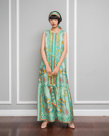 Đầm Max Boho Lụa 1970 Không Tay / Hoạ tiết Phụng Vũ Vân Ca Xanh Lá Nhạt