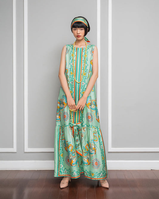 Đầm Max Boho Lụa 1970 Không Tay / Hoạ tiết Phụng Vũ Vân Ca Xanh Lá Nhạt