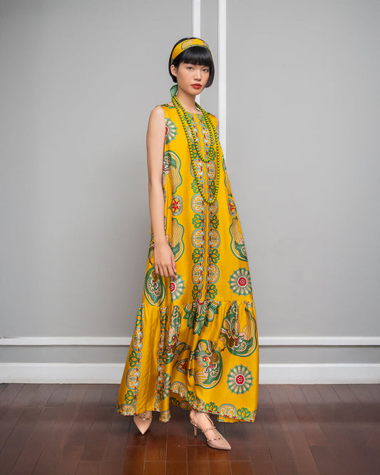 Đầm Max Boho Lụa 1970 Không Tay / Hoạ tiết Mây Hoạ Long Ân Vàng