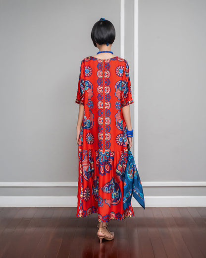 Đầm Max Boho Lụa 1970 / Hoạ tiết Mây Hoạ Long Ân Đỏ