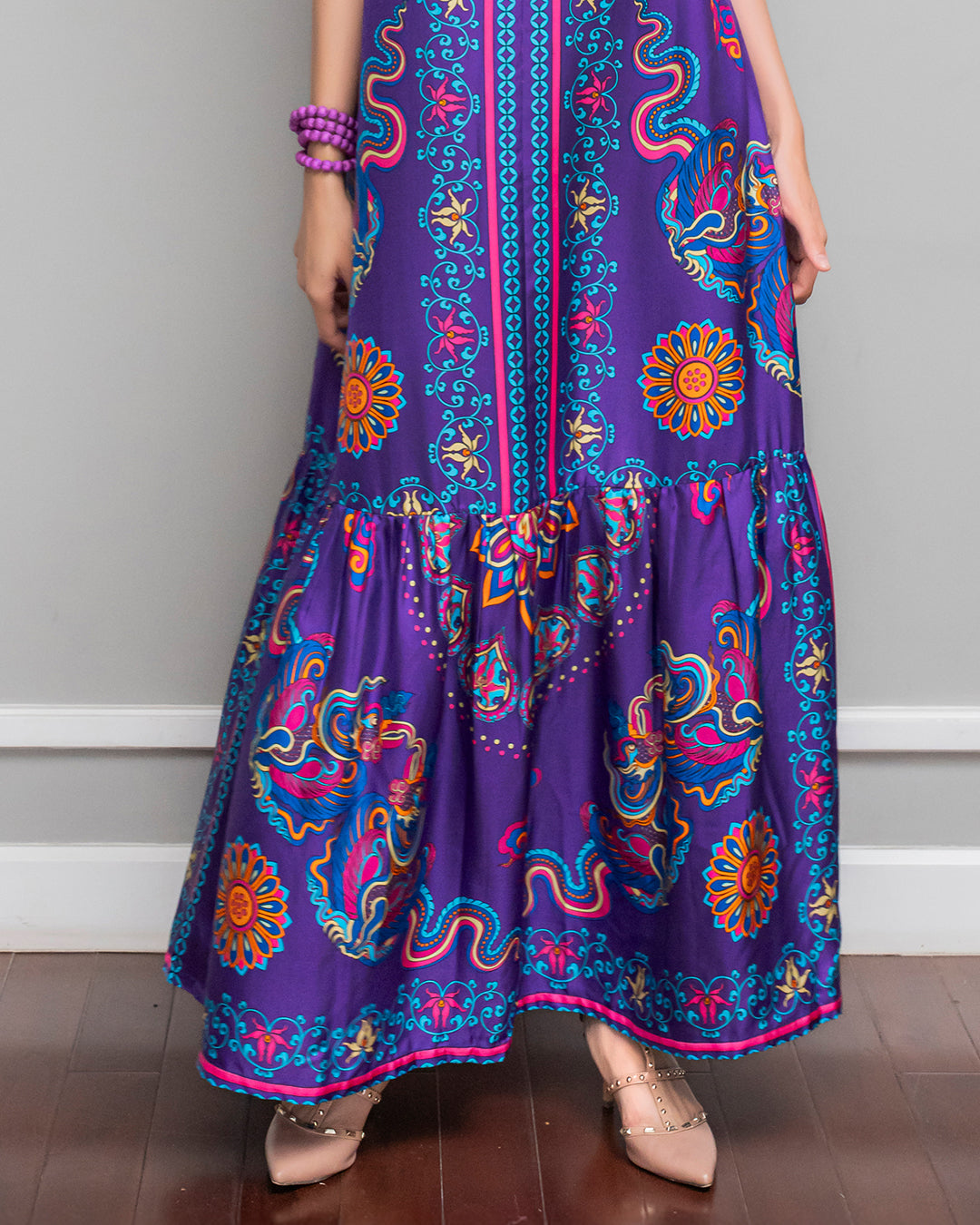 Đầm Max Boho Lụa 1970 Không Tay / Hoạ tiết Phụng Vũ Vân Ca Tím