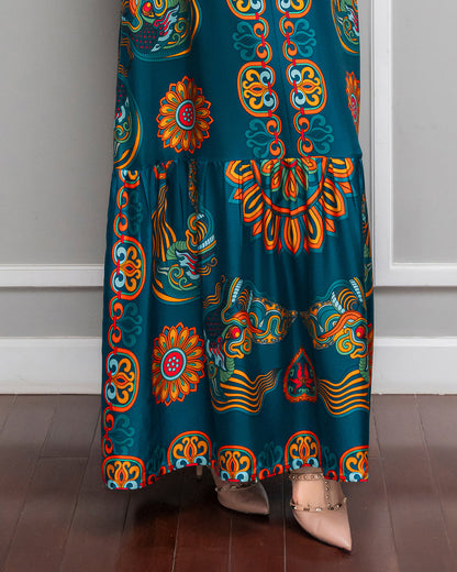 Đầm Max Boho Lụa 1970 Không Tay / Hoạ tiết Mây Hoạ Long Ân Xanh Cổ Vịt