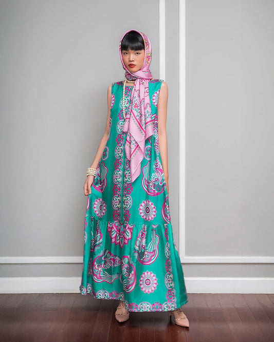 Đầm Max Boho Lụa 1970 Không Tay / Hoạ tiết Mây Hoạ Long Ân Xanh Ngọc