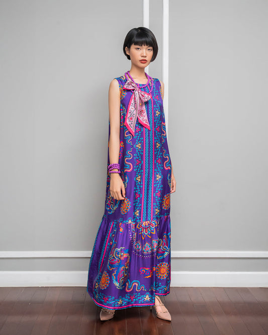 Đầm Max Boho Lụa 1970 Không Tay / Hoạ tiết Phụng Vũ Vân Ca Tím