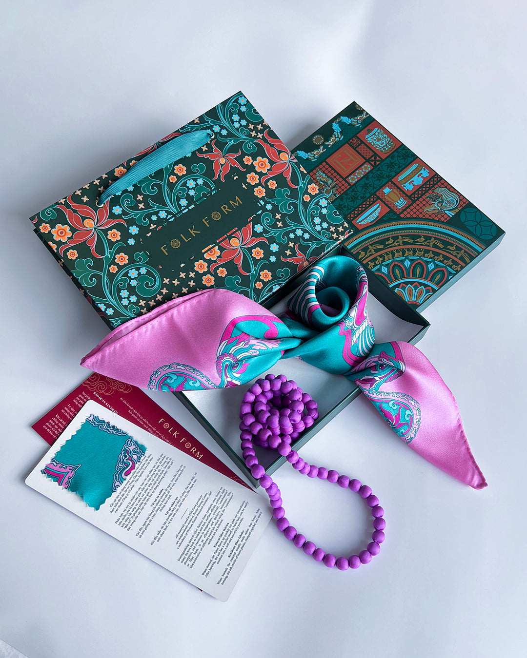 Quà Tặng Cao Cấp Tinh Ngọc / Khăn Lụa Vuông Hương Vân Long Mộng / Xanh Ngọc & Hồng