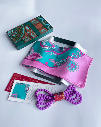 Quà Tặng Cao Cấp Tinh Ngọc / Khăn Lụa Vuông Hương Vân Long Mộng / Xanh Ngọc & Hồng