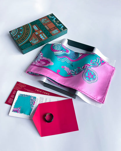 Quà Tặng Cao Cấp Tinh Nhã / Khăn Lụa Vuông Hương Vân Long Mộng / Xanh Ngọc & Hồng