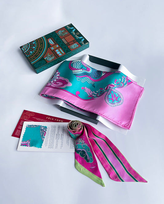 Quà Tặng Cao Cấp Tinh Sắc / Khăn Lụa Vuông Hương Vân Long Mộng / Xanh Ngọc & Hồng