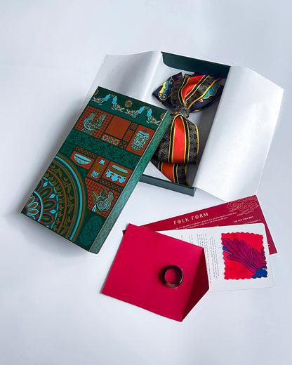 Quà Tặng Cao Cấp / Khăn Twilly Lụa Cố Đô Liên Hoạ / Đen & Da Cam / 6cm x 150cm