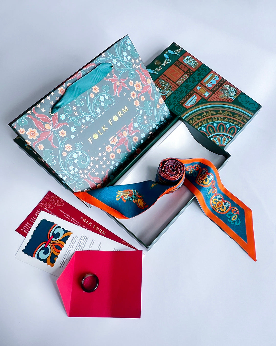 Quà Tặng Cao Cấp / Khăn Twilly Lụa Hương Vân Long Mộng / Xanh Cổ Vịt & Da Cam / 6cm x 150cm