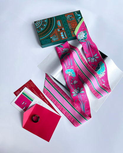 Quà Tặng Cao Cấp / Khăn Twilly Lụa Cố Đô Liên Hoạ / Hồng & Xanh Lá / 6cm x 150cm