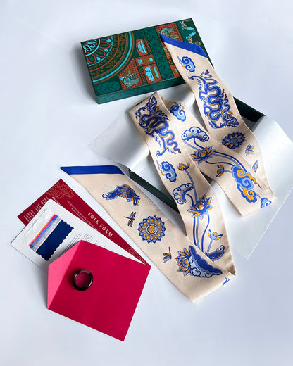 Quà Tặng Cao Cấp / Khăn Twilly Lụa Lý Quốc Ký Sự / Be & Xanh Dương / 6cm x 150cm