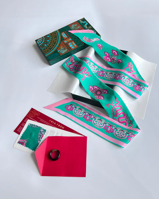 Quà Tặng Cao Cấp / Khăn Twilly Lụa Hương Vân Long Mộng / Xanh Ngọc & Hồng / 6cm x 150cm