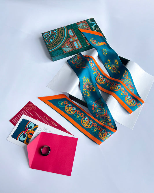 Quà Tặng Cao Cấp / Khăn Twilly Lụa Hương Vân Long Mộng / Xanh Cổ Vịt & Da Cam / 6cm x 150cm