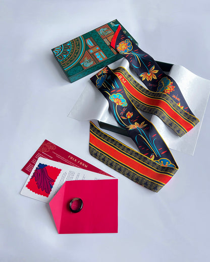 Quà Tặng Cao Cấp / Khăn Twilly Lụa Cố Đô Liên Hoạ / Đen & Da Cam / 6cm x 150cm