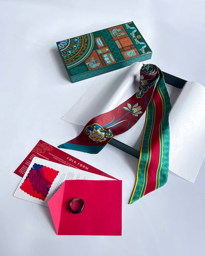 Quà Tặng Cao Cấp / Khăn Twilly Lụa Cố Đô Liên Hoạ / Nâu & Xanh Lá Đậm / 6cm x 150cm