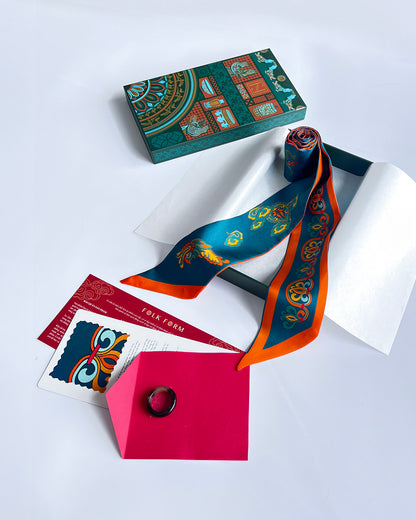 Quà Tặng Cao Cấp / Khăn Twilly Lụa Hương Vân Long Mộng / Xanh Cổ Vịt & Da Cam / 6cm x 150cm