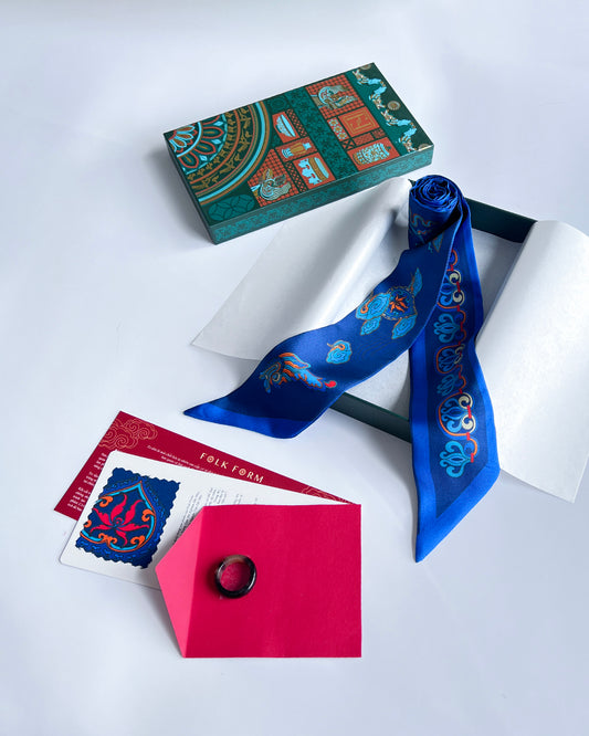 Set 3 Quà Tặng Doanh Nghiệp Cao Cấp / Khăn Twilly Lụa Hương Vân Long Mộng / Xanh Lam Đậm
