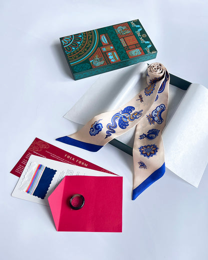 Quà Tặng Cao Cấp / Khăn Twilly Lụa Lý Quốc Ký Sự / Be & Xanh Dương / 6cm x 150cm