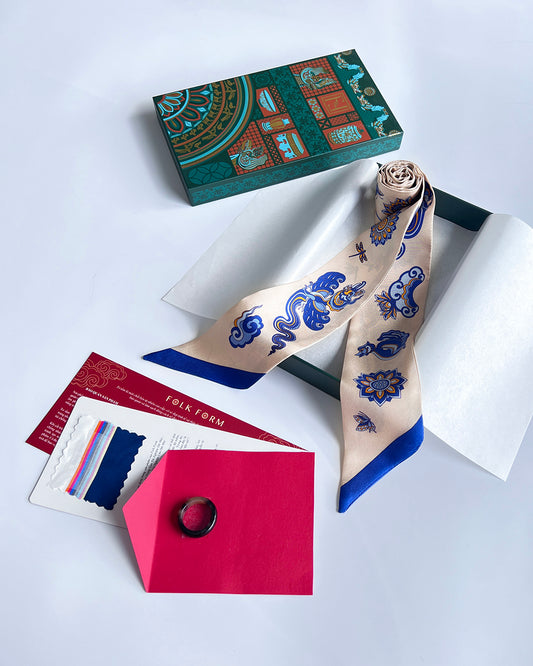 Set 3 Quà Tặng Doanh Nghiệp Cao Cấp / Khăn Twilly Lụa Lý Quốc Ký Sự / Be & Xanh Dương