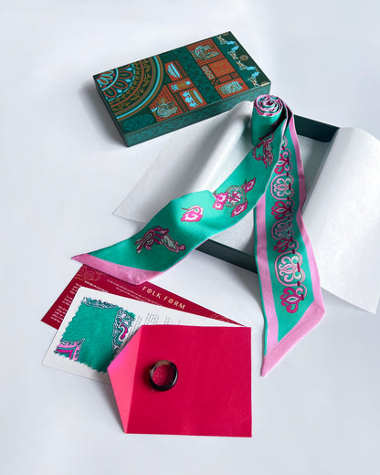 Quà Tặng Cao Cấp / Khăn Twilly Lụa Hương Vân Long Mộng / Xanh Ngọc & Hồng / 6cm x 150cm