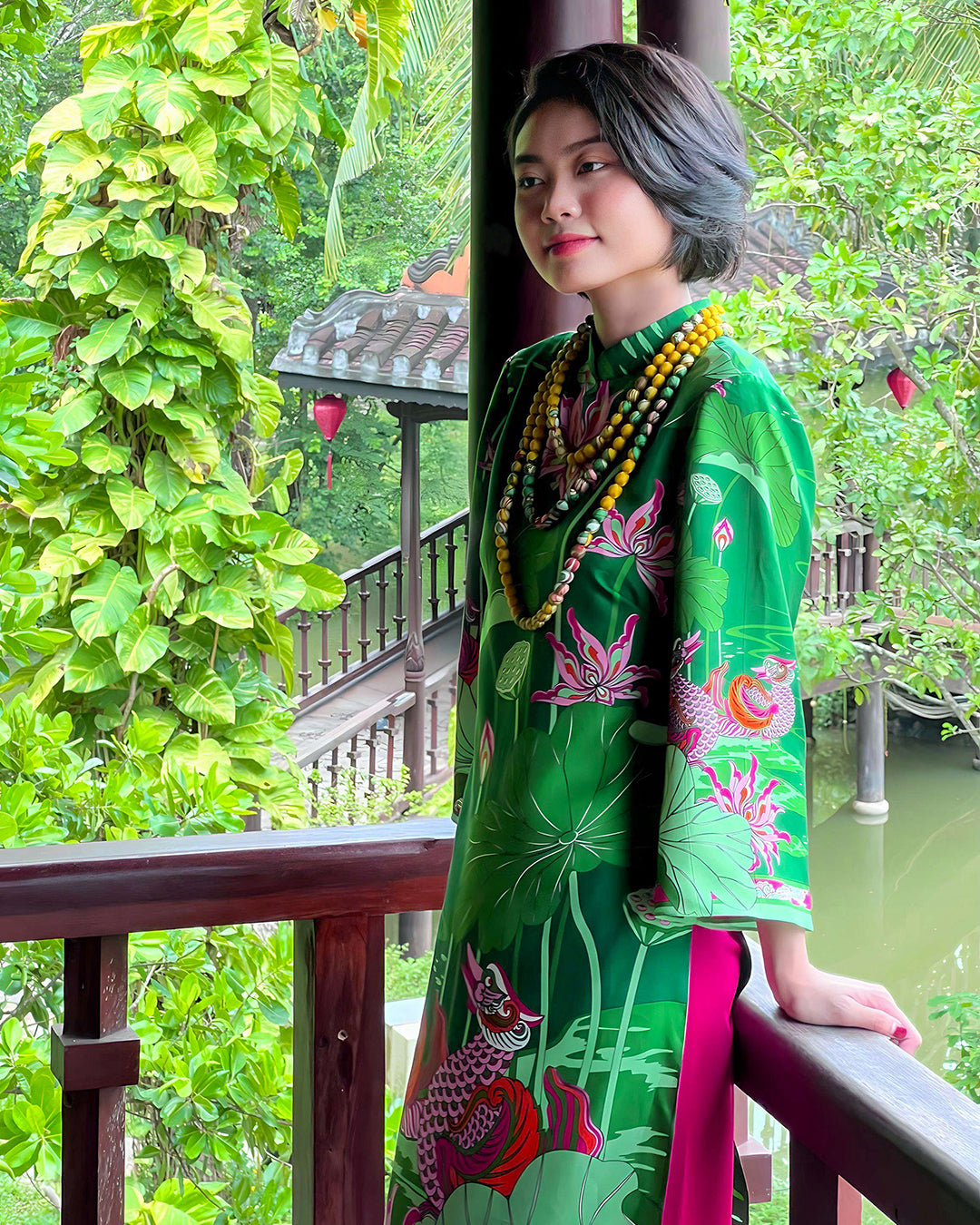 Áo Dài Tay Loa / Họa tiết Uyên Ương Liên Hạ Xanh Lá & Hồng