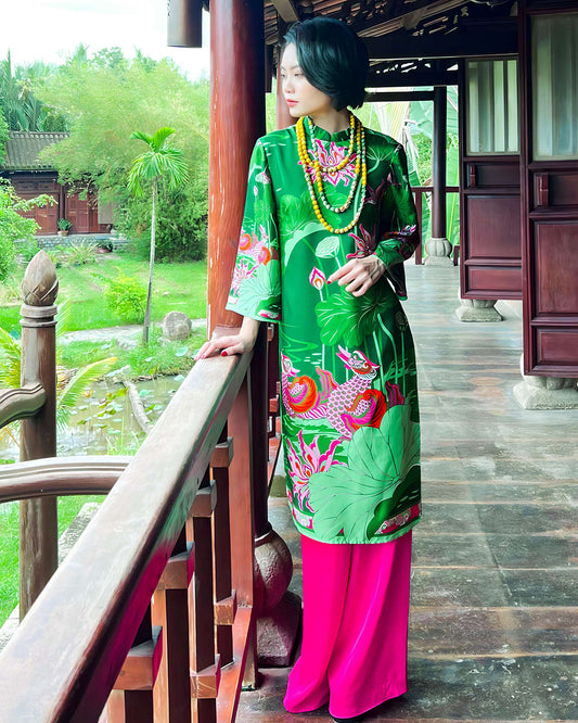 Áo Dài Tay Loa / Họa tiết Uyên Ương Liên Hạ Xanh Lá & Hồng