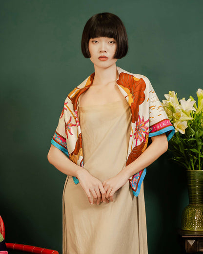 Khăn Lụa Uyên Ương Liên Hạ / Be & Nâu / 90x90cm / 36x36in