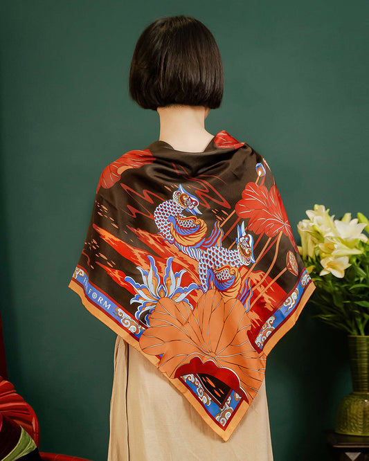 Khăn Lụa Uyên Ương Liên Hạ / Nâu & Da Cam / 90x90cm / 36x36in
