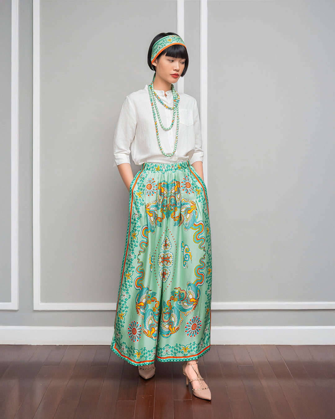 Quần Suông Ống Rộng Lụa 1932 / Hoạ tiết Phụng Vũ Vân Ca Xanh Lá Nhạt