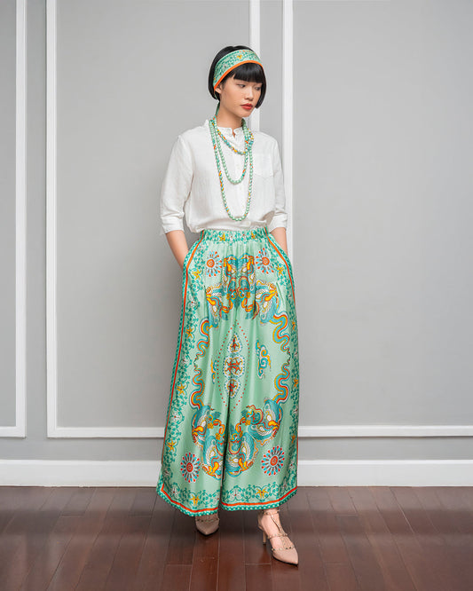 Quần Suông Ống Rộng Lụa 1932 / Hoạ tiết Phụng Vũ Vân Ca Xanh Lá Nhạt