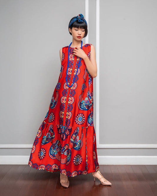Đầm Max Boho Lụa 1970 Không Tay / Hoạ tiết Mây Hoạ Long Ân Đỏ