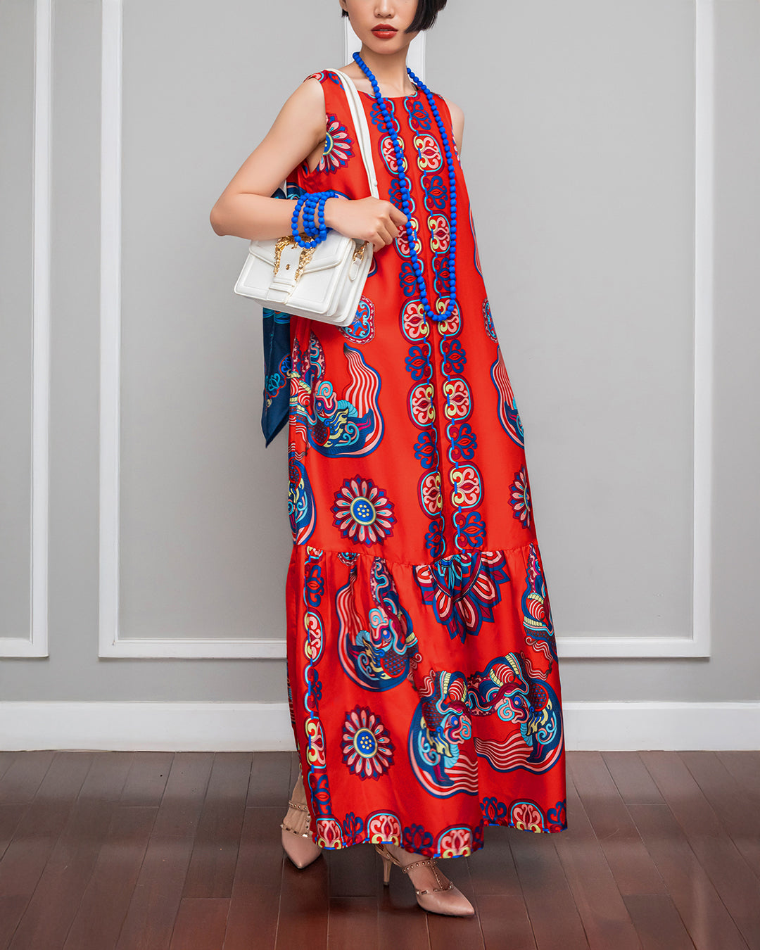 Đầm Max Boho Lụa 1970 Không Tay / Hoạ tiết Mây Hoạ Long Ân Đỏ